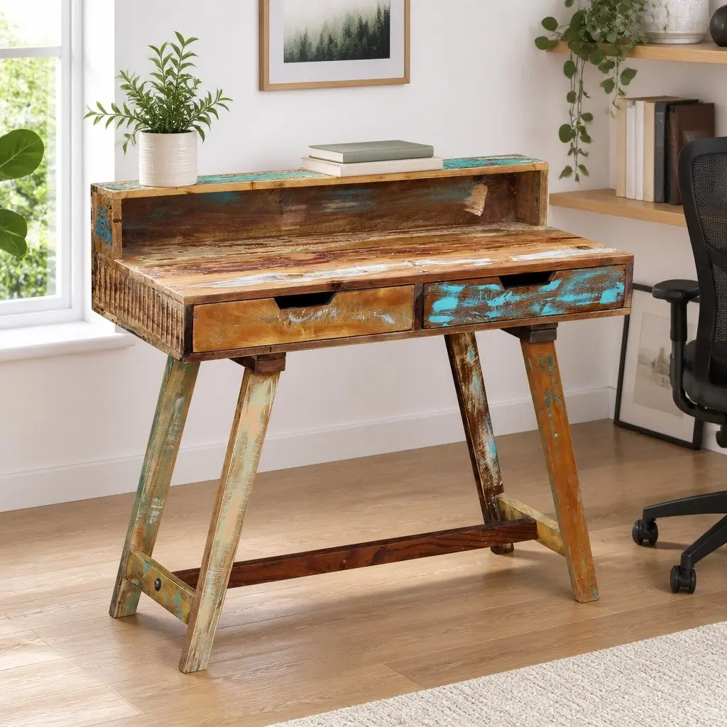 Desk Solid Reclaimed Wood Vintage Style Multicolour with Two Drawers