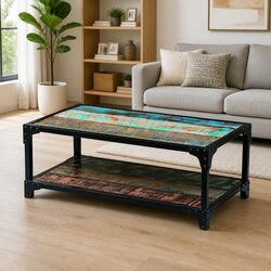 Coffee Table Solid Reclaimed Wood Vintage Living Room Side Table Storage Shelf