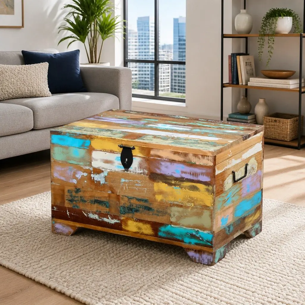 Multicolour Handmade Coffee Table Storage Chest in Solid Wood