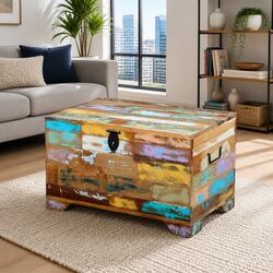 Multicolour Handmade Coffee Table Storage Chest in Solid Wood
