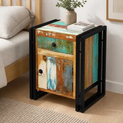 Bedside Cabinet Solid Reclaimed Wood Vintage Style Nightstand Storage Drawer