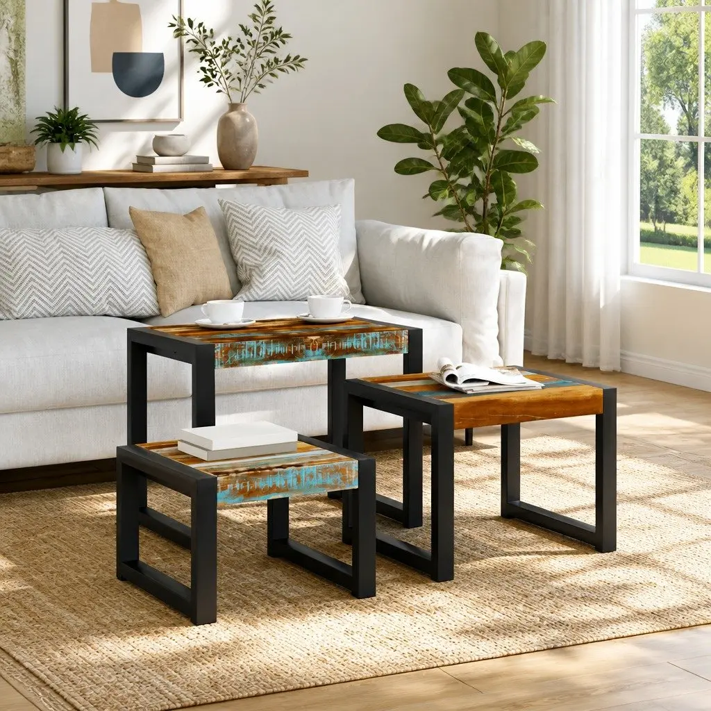 Solid Reclaimed Wood Nesting Tables with Steel Frame