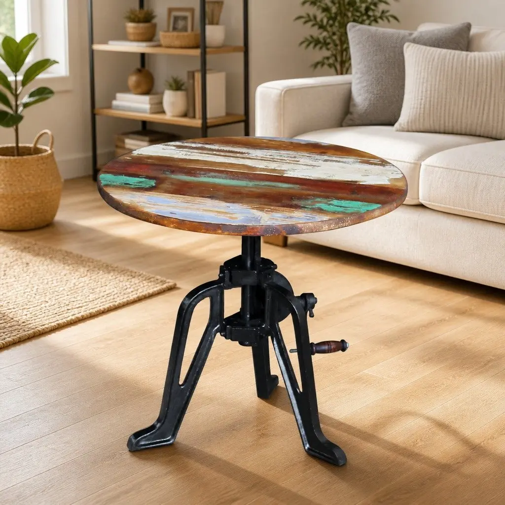 End Table Reclaimed Wood Cast Iron Adjustable Height 42-63cm Multicolour Retro Industrial Style