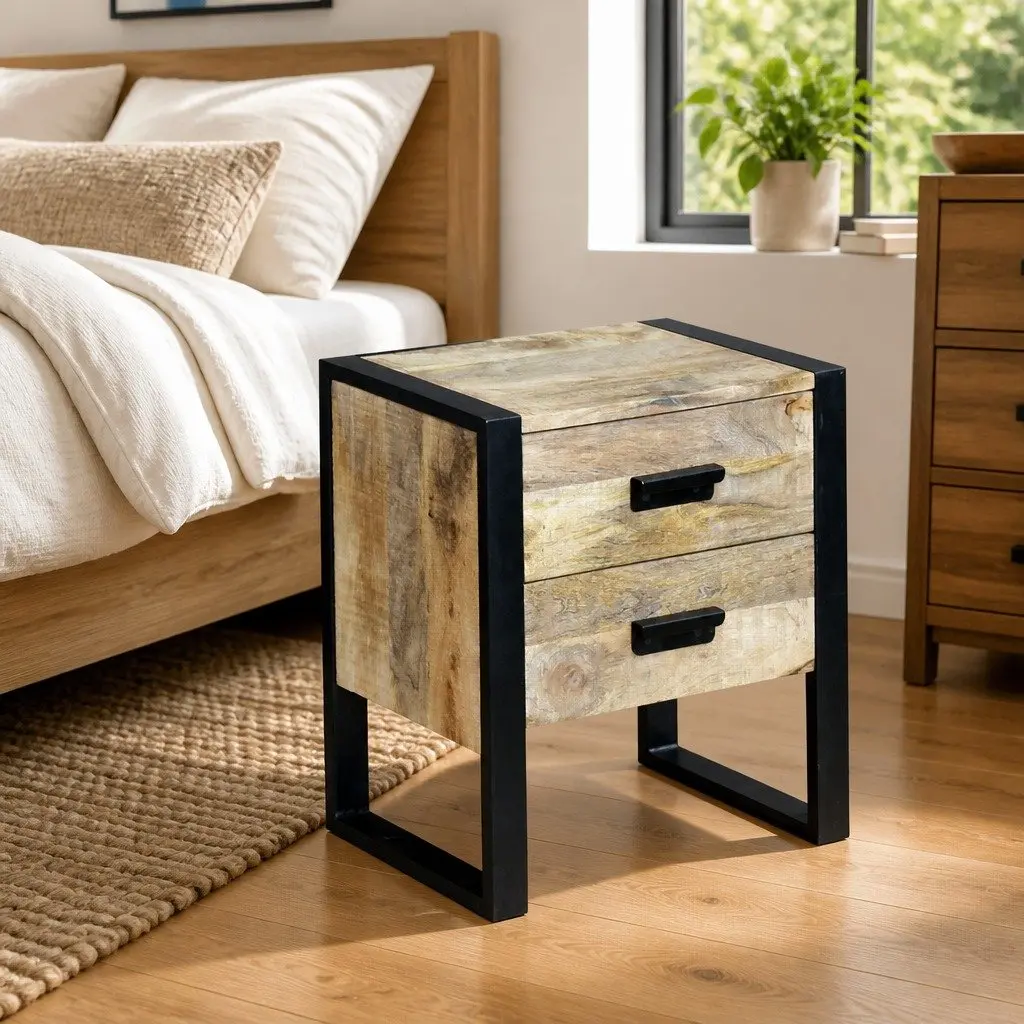 Industrial Style Brown Side Table with 2 Drawers