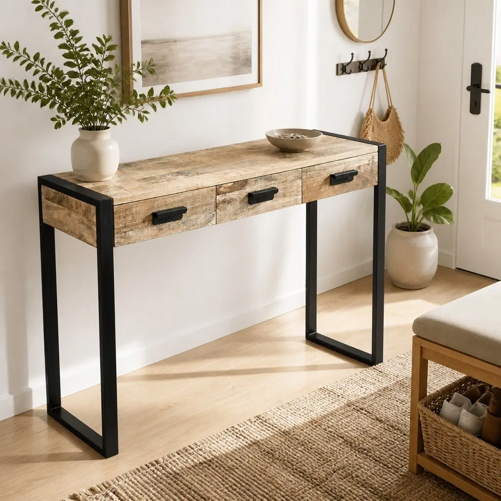 Console Table with 3 Drawers in Mango Wood