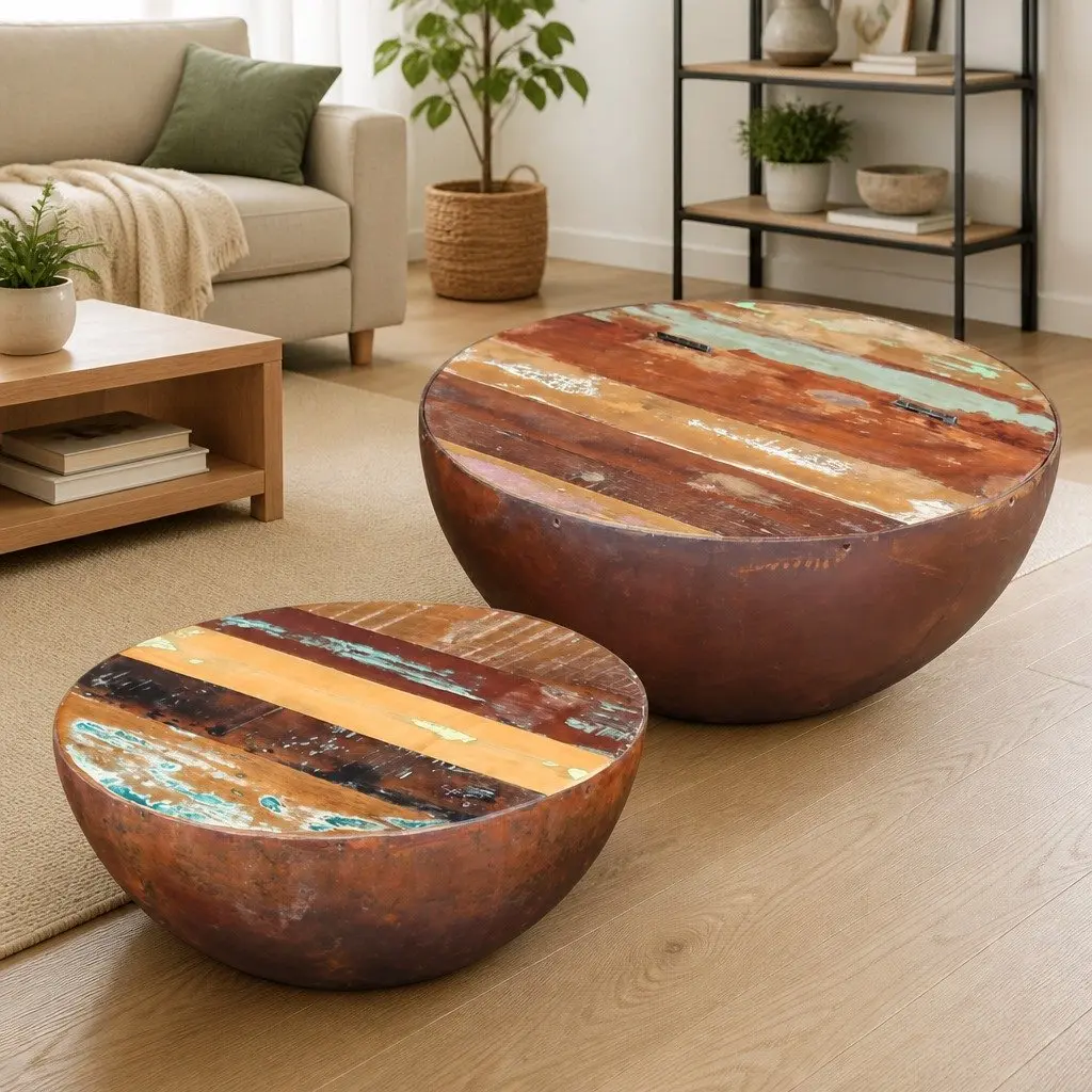 Two Piece Coffee Table Set Reclaimed Wood Bowl Shaped Multicolour