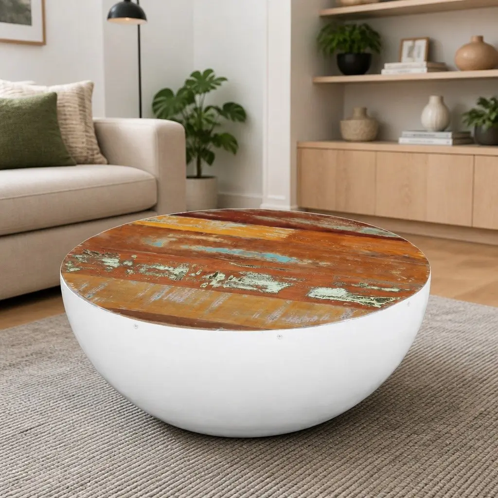 Coffee Table Solid Reclaimed Wood 60 x 60 x 30 cm White Bowl Shaped Antique Vintage
