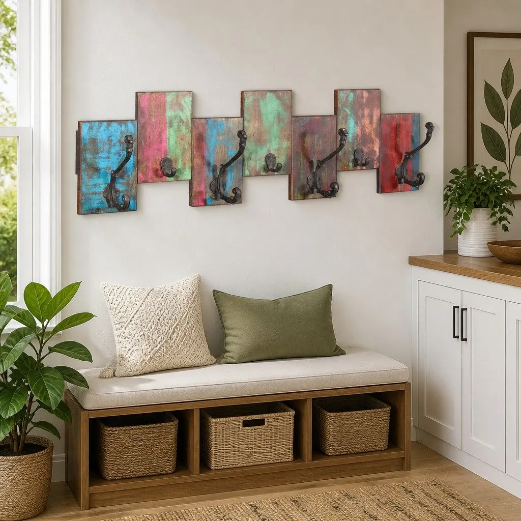 Coat Rack Solid Reclaimed Wood 7 Hooks Wall Mount Vintage Style Multicolour