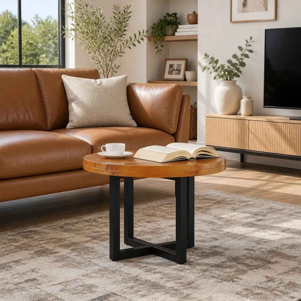 Round Teak and Mango Wood Coffee Table with Resin Accents