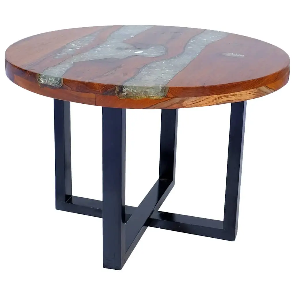 Round Teak and Mango Wood Coffee Table with Resin Accents