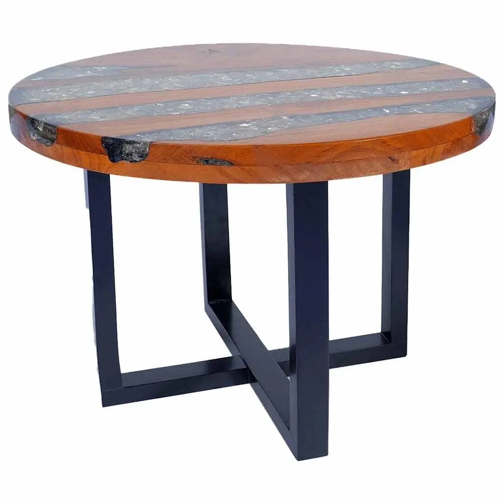 Round Teak and Mango Wood Coffee Table with Resin Accents