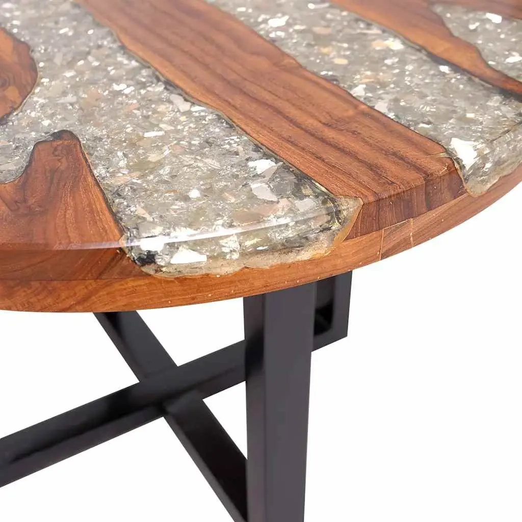 Round Teak and Mango Wood Coffee Table with Resin Accents