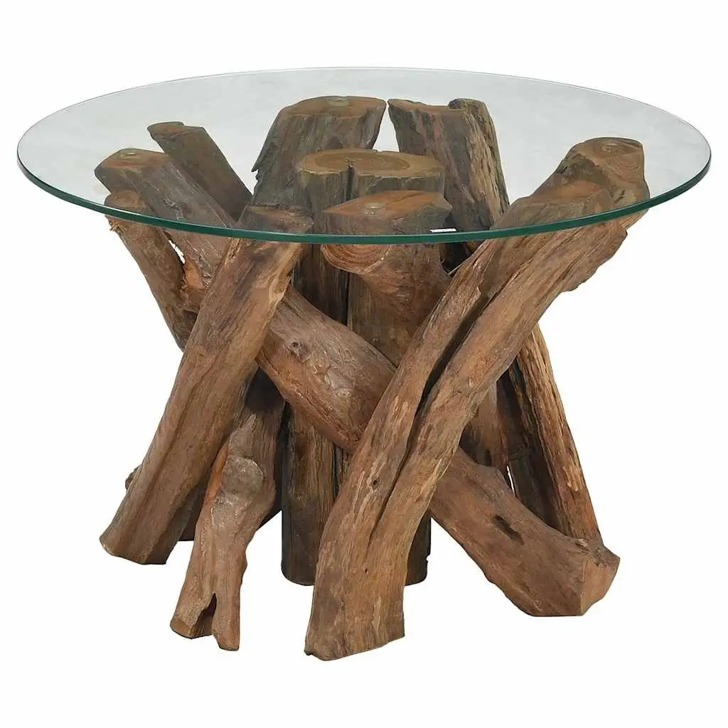 Handmade Coffee Table with Solid Teak Base and Glass Top