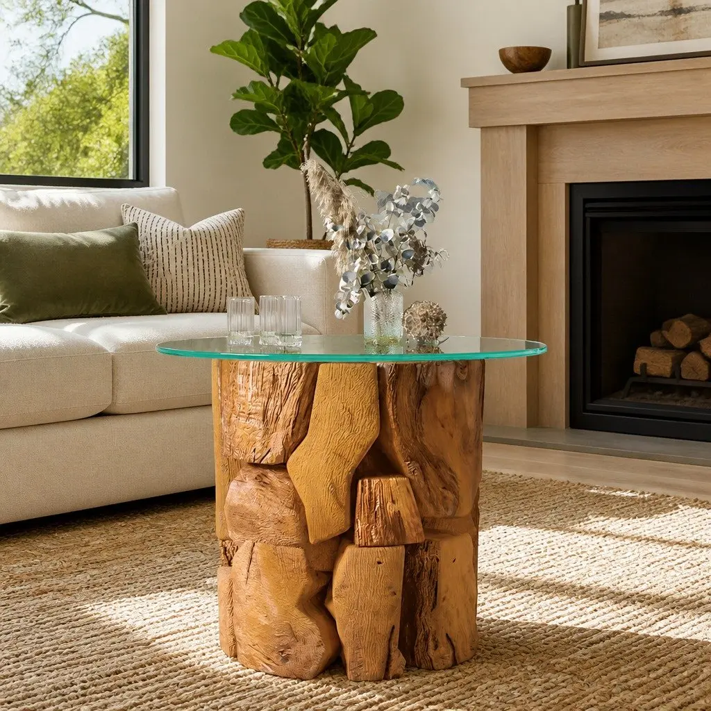 Coffee Table Driftwood Base Tempered Glass Top Rustic Handmade 60cm