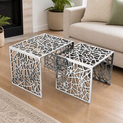 Nesting Side Tables Square Set of 2 Lightweight Accent Coffee Table Silver