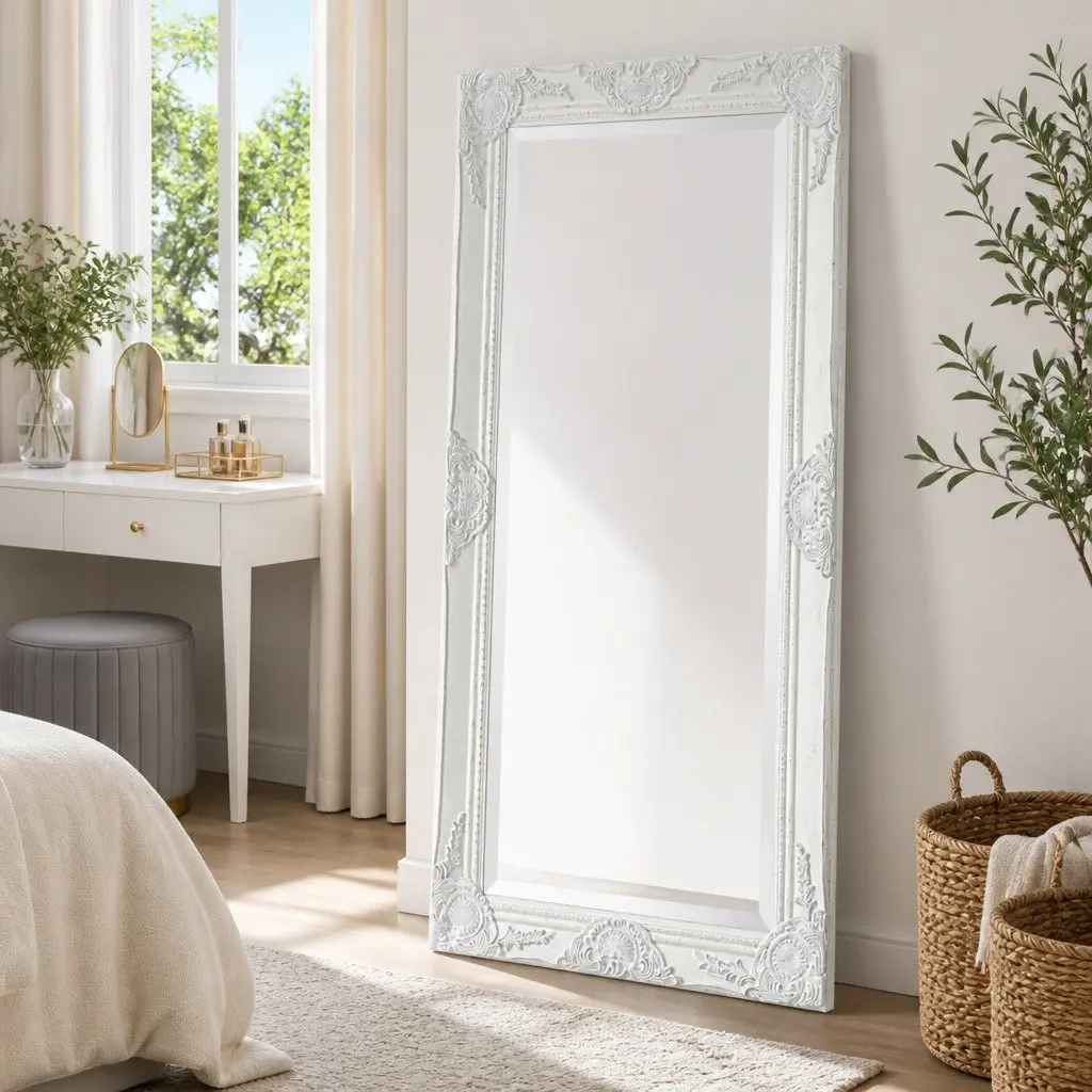 Decorative Wall Mirror with Ornate Baroque White Frame