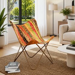 Multicolour Chindi Fabric Butterfly Chair with Iron Frame