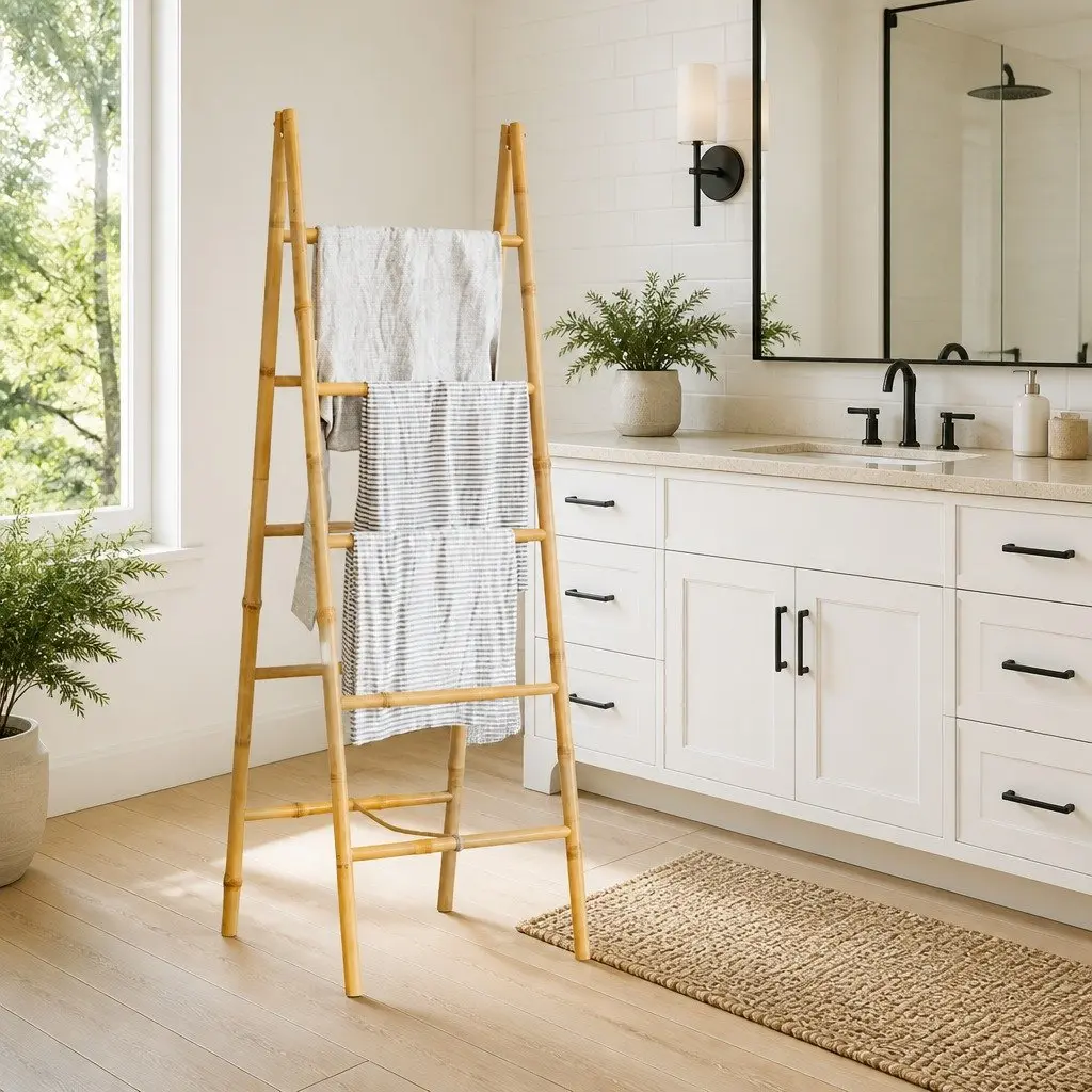 Bamboo Brown Double Towel Ladder with 5 Rungs 50x160cm