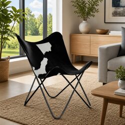 Black Real Cowhide Leather Butterfly Chair for Comfort