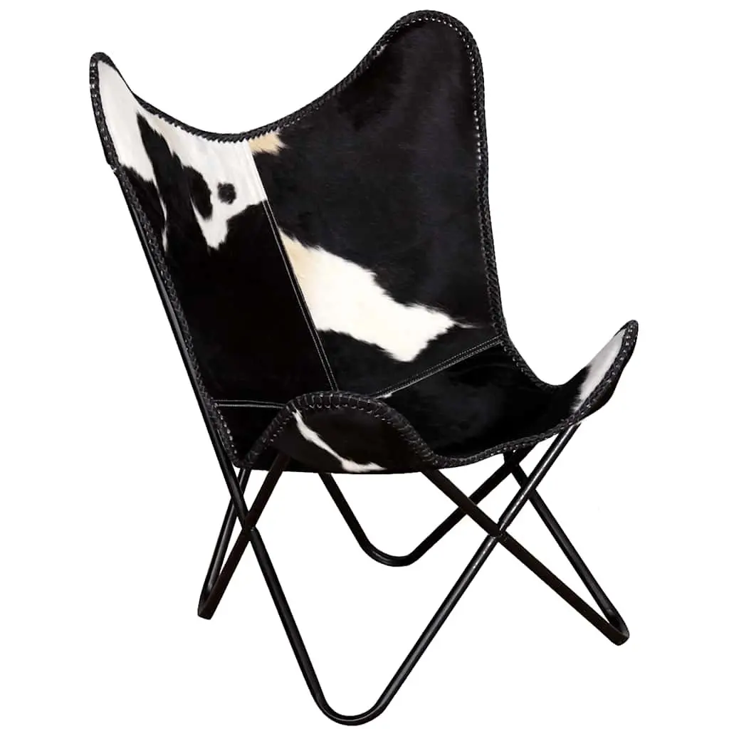 Butterfly Chair Real Cowhide Leather Black Vintage Style