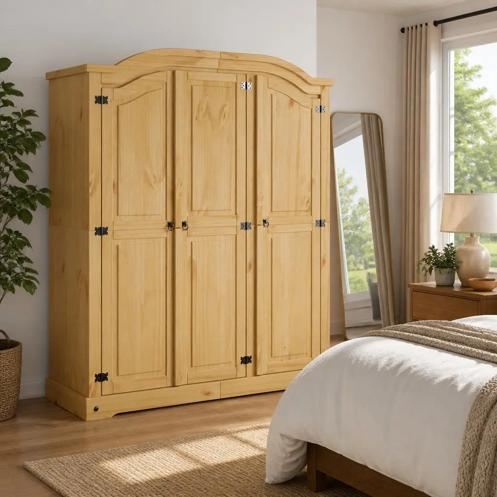 3 Door Pine Wooden Wardrobe Cabinet in Brown