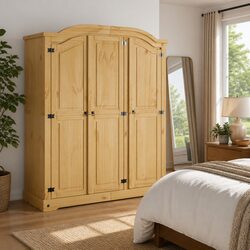 Sturdy 3 Door Pine Wooden Wardrobe Cabinet in Brown