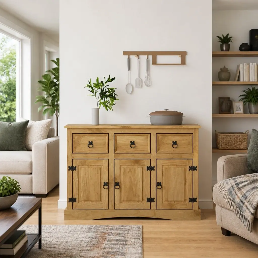 Solid Pinewood Sideboard with 3 Doors and Drawers