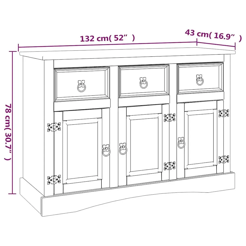 Solid Pinewood Sideboard with 3 Doors and Drawers