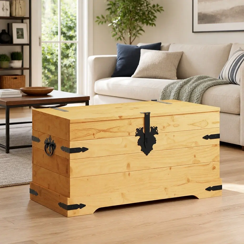 Rustic Wooden Pinewood Storage Chest in Brown