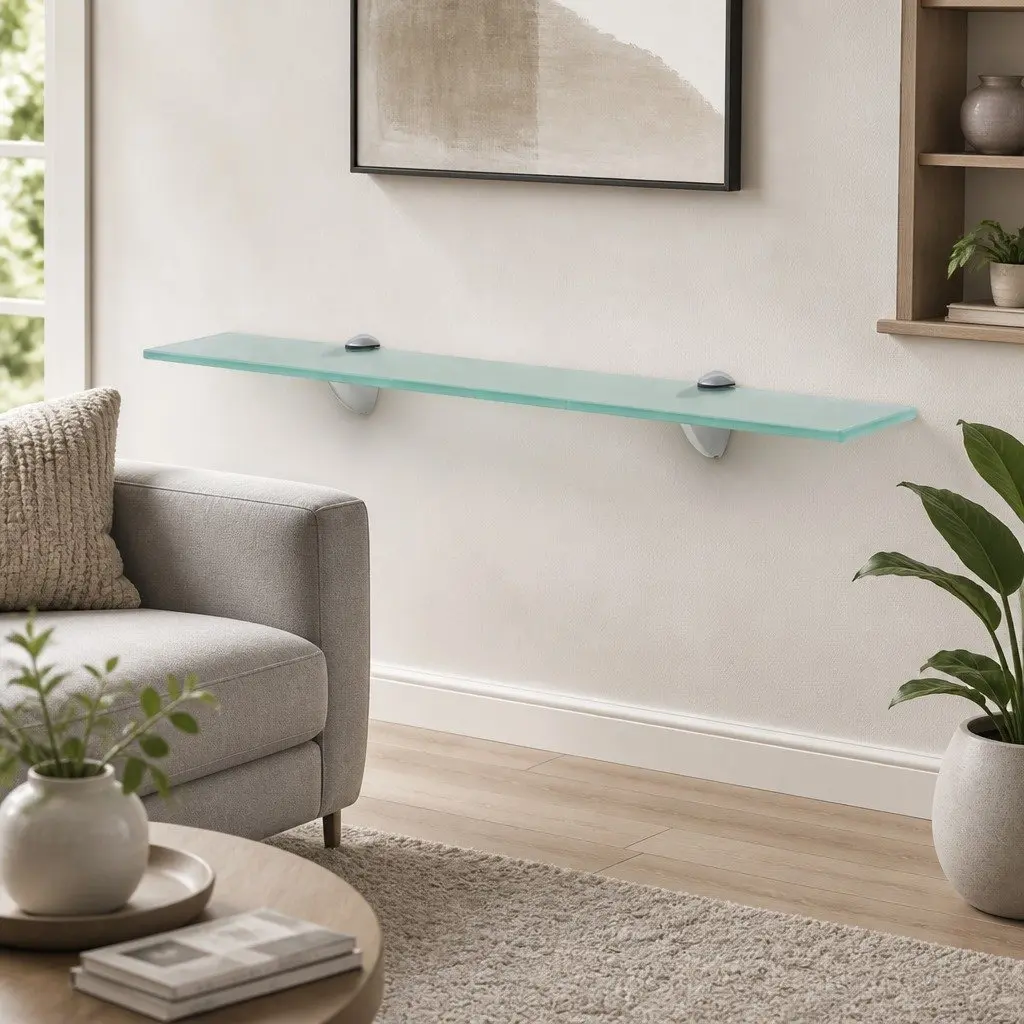 60x10cm Tempered Glass Floating Wall Shelf with Brackets
