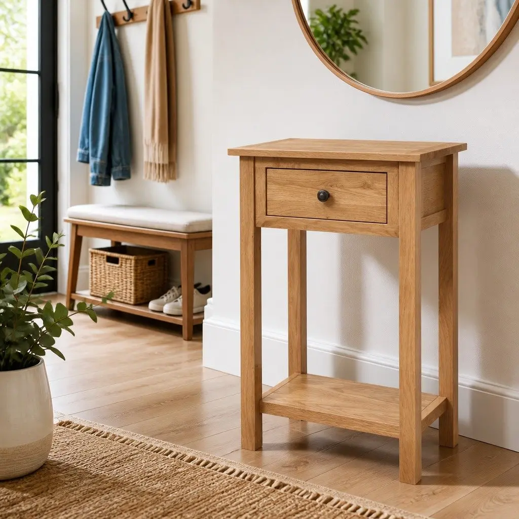 Brown Solid Oak Console Table for Entryway and Living Room