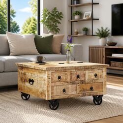 Handcrafted Industrial Wooden Coffee Table with Drawers