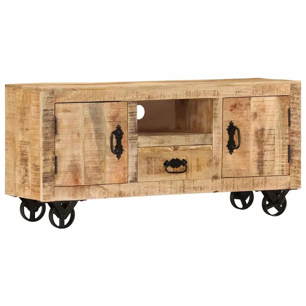 Wooden TV Cabinet Industrial Style Rough Mango Storage Unit with Wheels