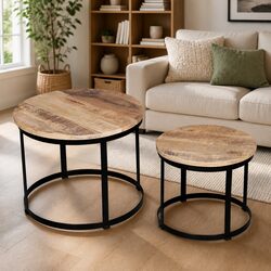 Round Wooden Coffee Table Set - 40/50 cm, 2 Pieces