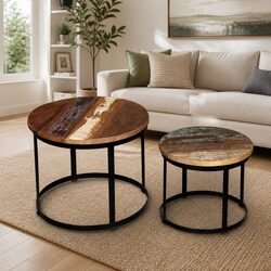 Two-Piece Round Coffee Table Set in Industrial Vintage Style