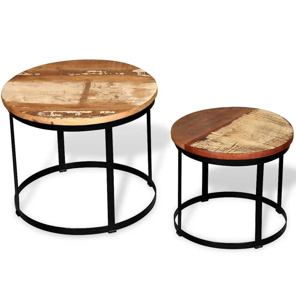 Coffee Table Set 2 Pieces Round Industrial Vintage Reclaimed Wood Living Room
