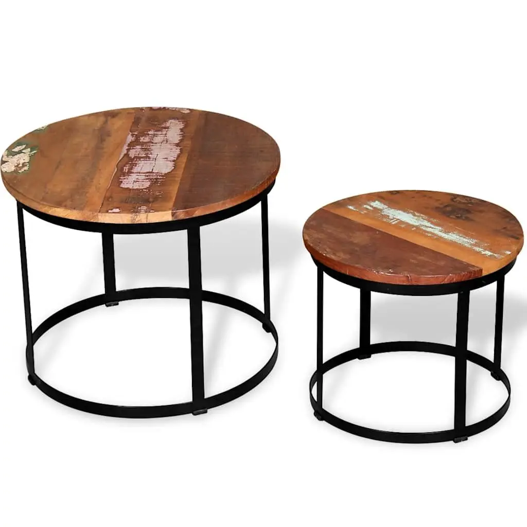 Coffee Table Set 2 Pieces Round Industrial Vintage Reclaimed Wood Living Room
