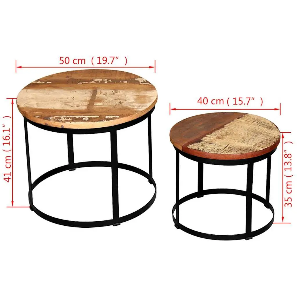 Coffee Table Set 2 Pieces Round Industrial Vintage Reclaimed Wood Living Room