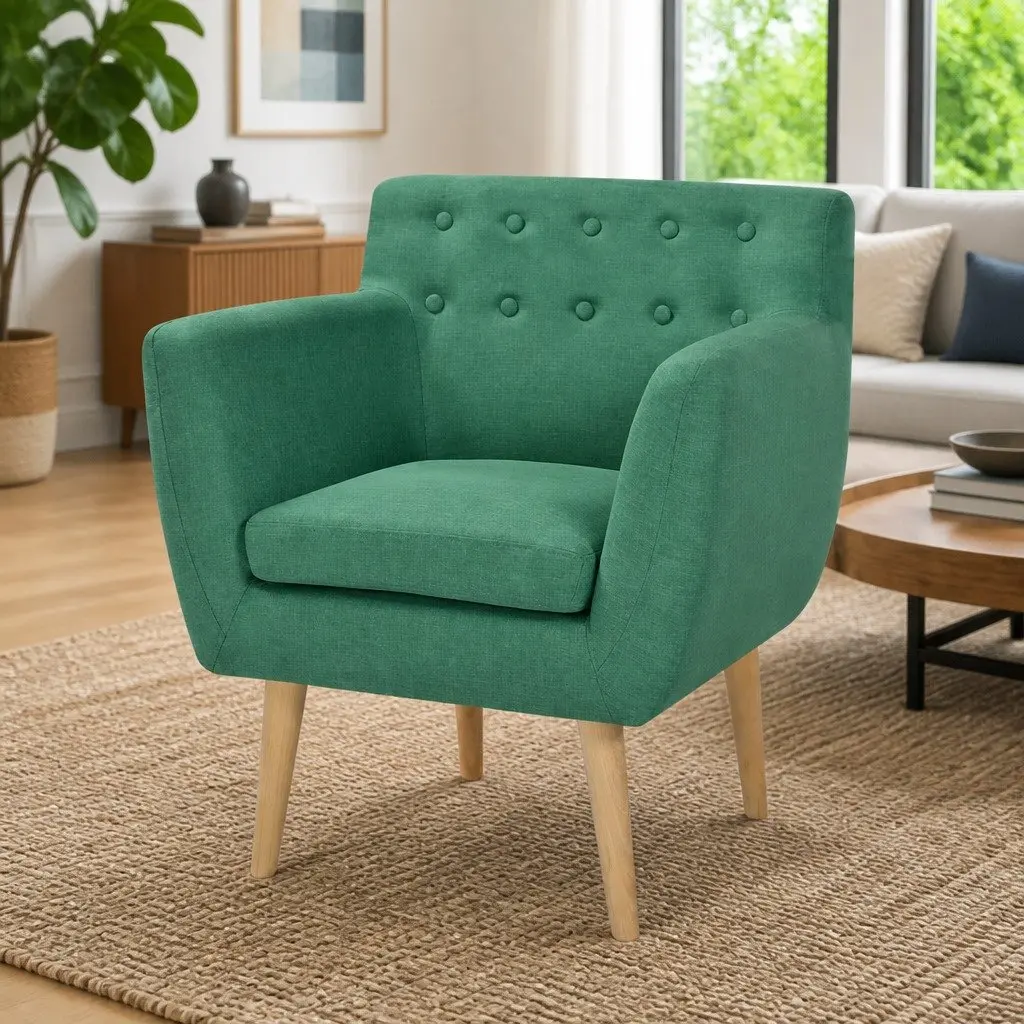 Green Armchair with Durable Wooden Frame