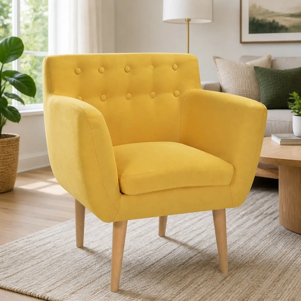 Armchair Fabric Yellow Modern Wooden Frame Padded Seat