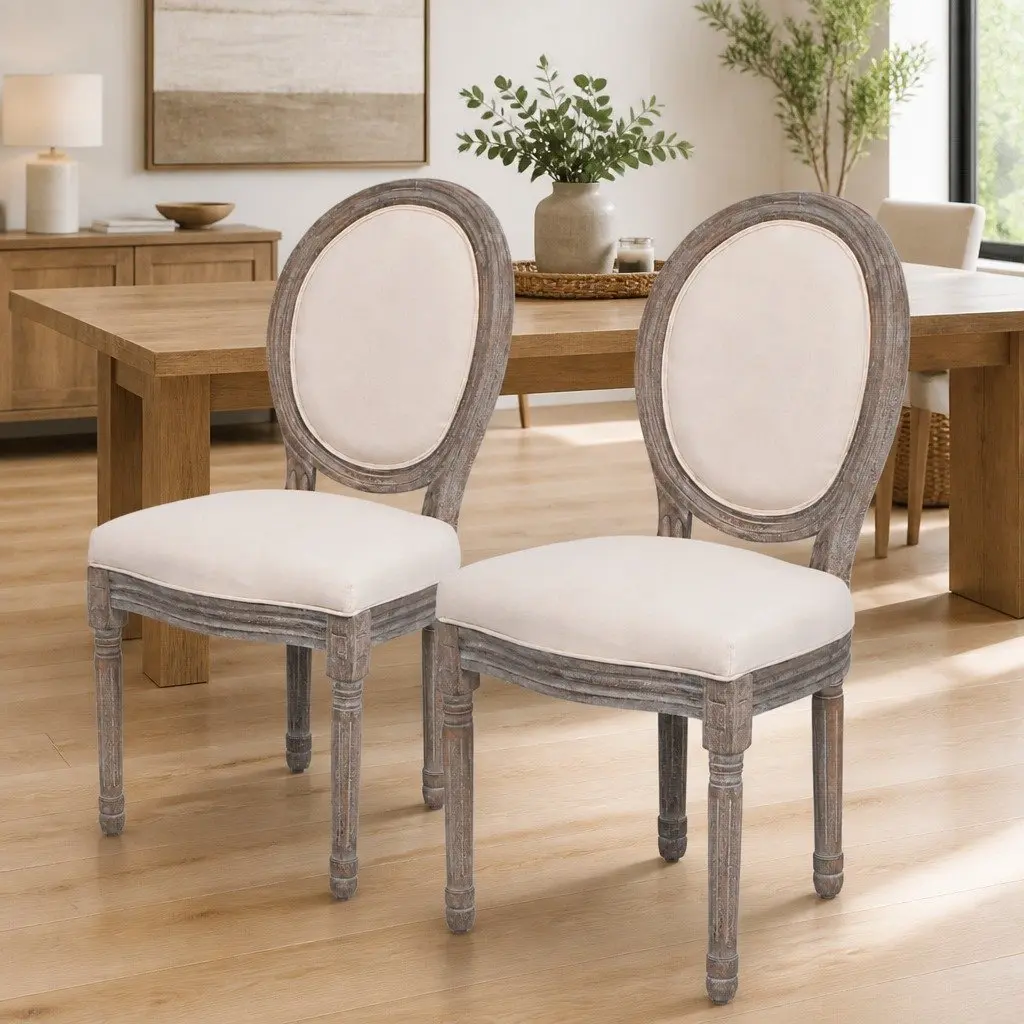 Dining Chairs Linen Fabric Cream Foam Padded Seat Wooden Legs