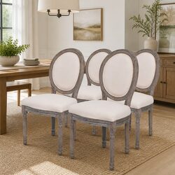 Set of 4 Cream Linen Dining Chairs with Padded Seats