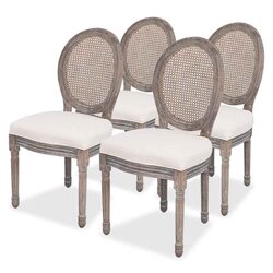 4-Piece Set of Cream Linen Dining Chairs with Rattan Backs
