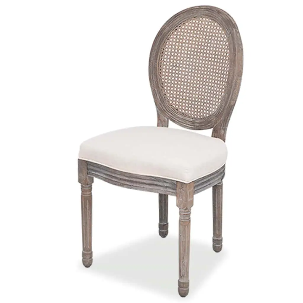4-Piece Set of Cream Linen Dining Chairs with Rattan Backs