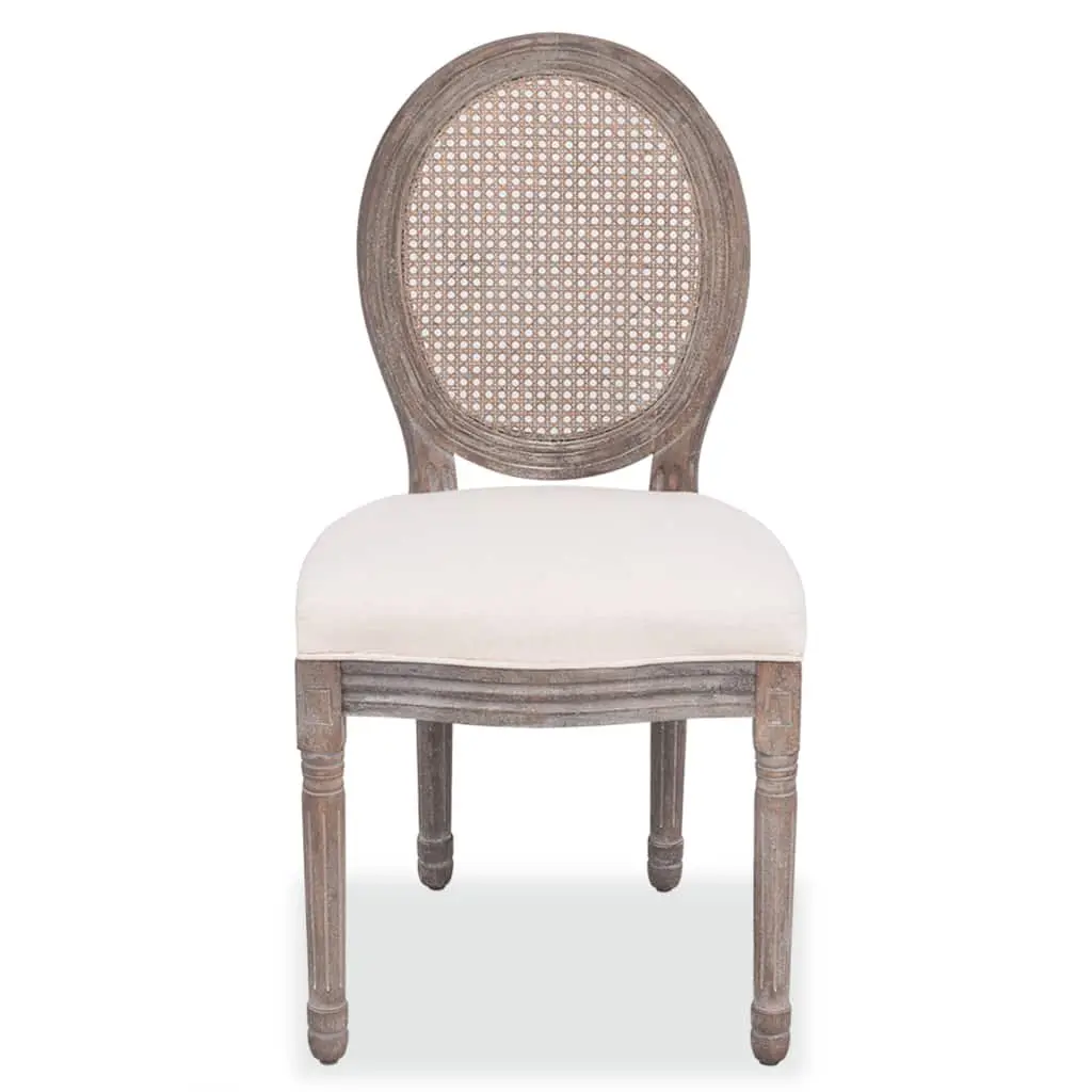 4-Piece Set of Cream Linen Dining Chairs with Rattan Backs