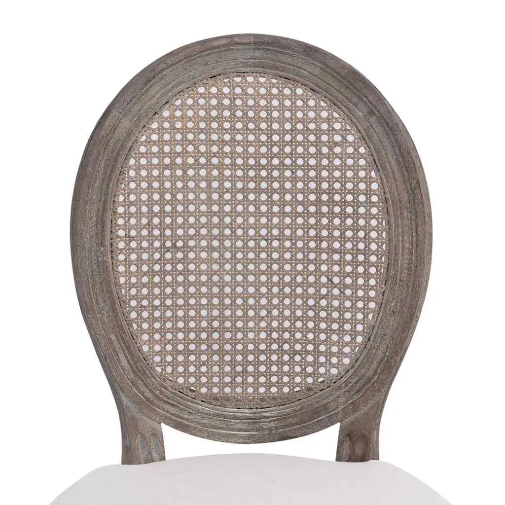 4-Piece Set of Cream Linen Dining Chairs with Rattan Backs