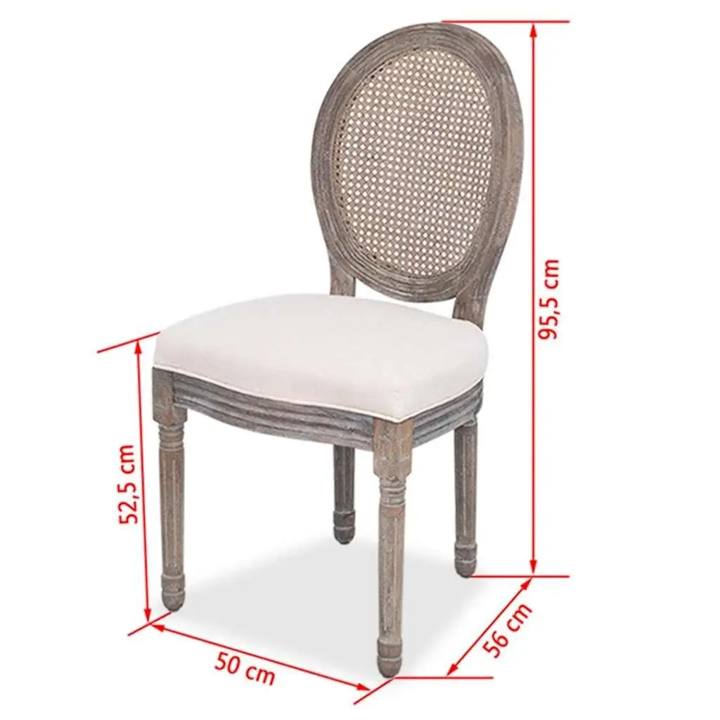 4-Piece Set of Cream Linen Dining Chairs with Rattan Backs
