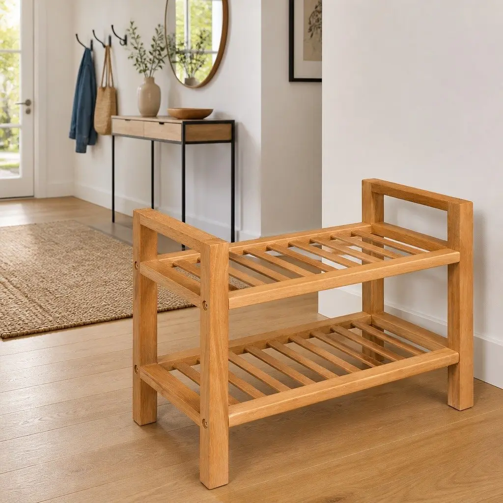 Solid Oak Wood Shoe Rack with 2 Shelves for Storage