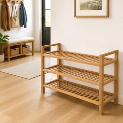 Durable Wooden Shoe Rack with 3 Shelves - Brown Oak