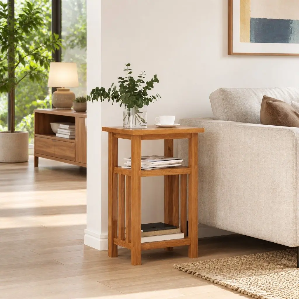 Solid Oak End Table with Magazine Shelf for Living Room